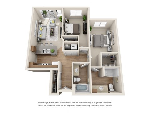 Floor plan for 2 beds, 2 baths, 963 sqft